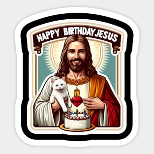 Happy Birthday Jesus with a White Cat and Birthday Cake Sticker